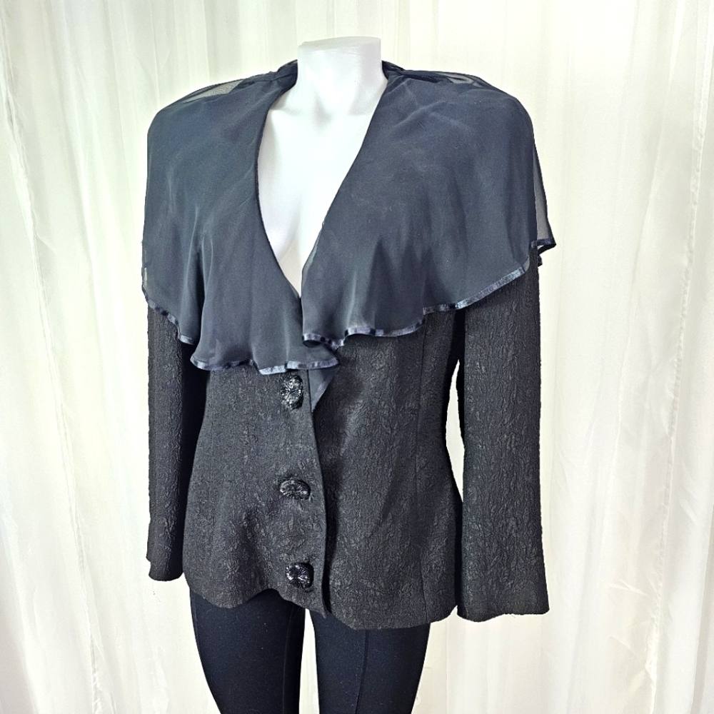 Vintage Rina diMontella black floral embossed jacket with ruffled lapel